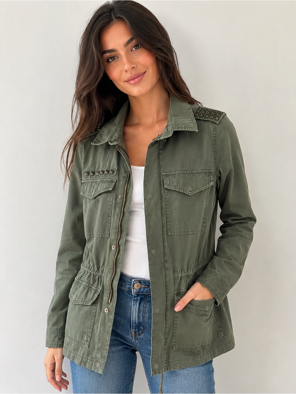 Mudd Olive Green Utility Jacket Studded Military Style Y2K Size S